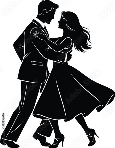 Romantic Couple Dancing Silhouette, Man in Formal Suit and Woman in Swing Dress, Performing Ballroom Dance, Waltz, or Tango, Representing Love and Celebration Vector.