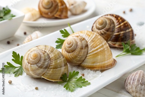 Gourmet escargots served on a white platter with parsley and salt