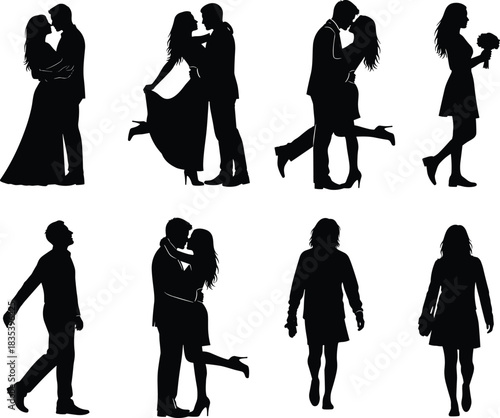 Romantic couple silhouettes, solitary figures, love and solitude theme, black vector art, human poses, relationship concept, emotional contrast, grid layout