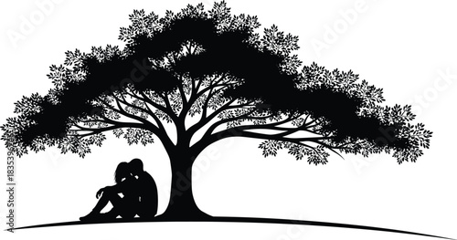 Romantic couple sitting under large tree silhouette, love concept vector illustration isolated on white background, nature landscape design