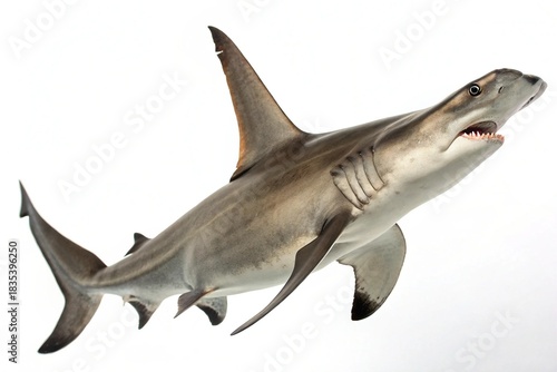 Hammerhead shark swimming in clear water against a white background