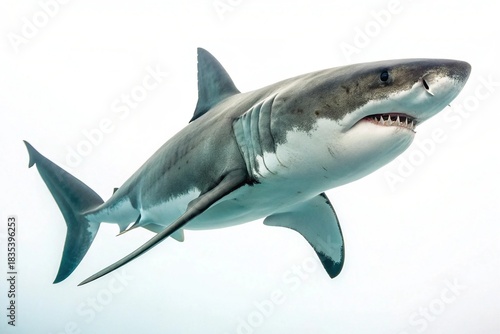 Majestic great white shark swimming underwater with clear water