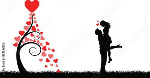 Romantic Couple Silhouette, Man Lifting Woman, Heart Tree, Love, Valentine's Day, Passionate Moment, Relationship, Vector Illustration, Graphic.