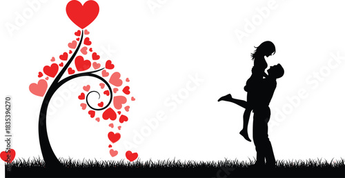 Romantic silhouette of a happy couple man lifting woman near a stylized tree with red and pink heart-shaped leaves, vector illustration for Valentine's Day, love, and passion isolated on white.