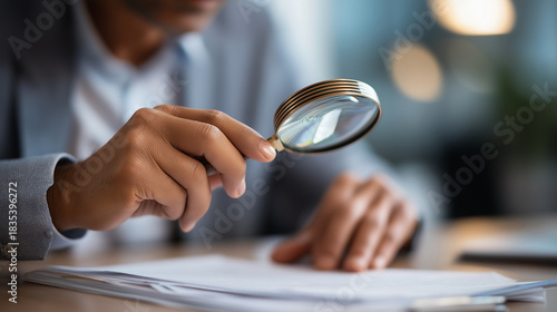 Audit and fraud investigation using magnifying glass inspection auditor examining documents financial discrepancy detection forensic accounting review compliance verification