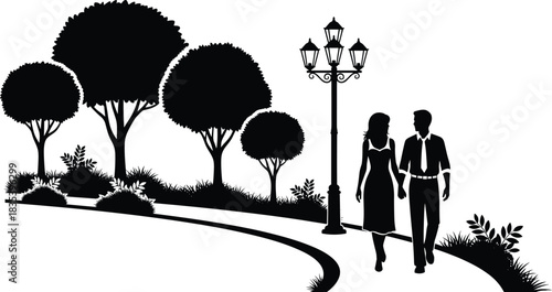 Romantic Couple Walking Silhouette Vector in Park, Man and Woman Holding Hands on Path by Streetlight and Trees, Representing Love, Dating, Nature Stroll, Romance, and Outdoor Relationship Graphic.