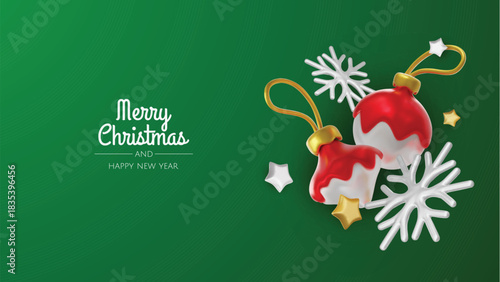 Happy New Year and Merry Christmas. Christmas holiday background with realistic 3d objects, bauble balls, conical metal stars. Levitation falling design composition.