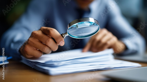 Audit and fraud investigation using magnifying glass inspection auditor examining documents financial discrepancy detection forensic accounting review compliance verification