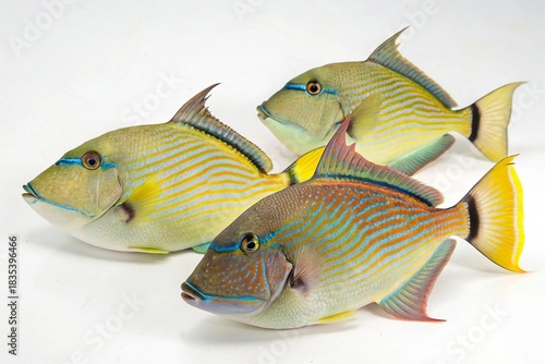 Three colorful reef fish with distinctive markings on a white background
