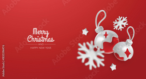 Modern Merry Christmas greeting with red typography and 3D baubles, perfect minimalist holiday card or festive social media banner
