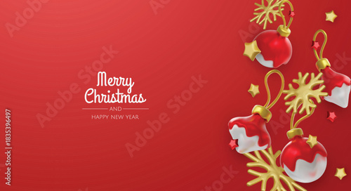 Minimalist Christmas illustration with glossy baubles, snowflakes, and trees in calm blue tones, perfect for greeting cards and New Year promotions.