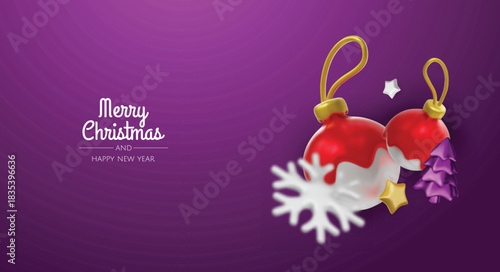 Happy New Year and Merry Christmas. Christmas holiday background with realistic 3d objects, bauble balls, conical metal stars. Levitation falling design composition.