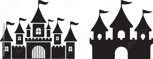 Vector illustration of a castle, isolated black and white silhouette, medieval architecture, fortress design, minimal fantasy or historical concept