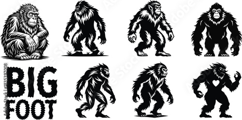 Bigfoot creature in various poses and styles animal vector perfect for t shirt, wildlife education book or poster design 