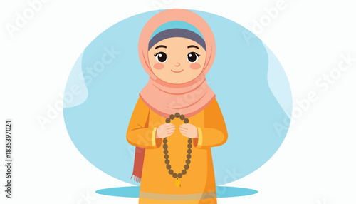 A cartoon illustration of a young Muslim woman wearing a hijab and an orange dress, holding prayer beads in her hands.