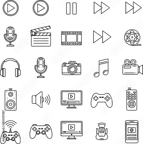 Collection of various multimedia icons representing audio, video, and gaming technology for digital interfaces and content creation