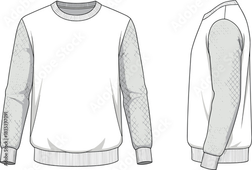 Minimalist unisex sweatshirt template with textured sleeves, front and side technical flat sketch, clean fashion apparel design illustration