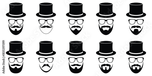 Vintage gentleman vector icons set, including top hat, beard, mustache, glasses, monocle, and silhouette designs, fully editable for creative projects, digital artwork