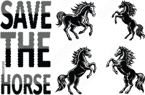Save the horses with artistic text and powerful equine illustrations animal vector perfect for t shirt, wildlife education book or poster design 