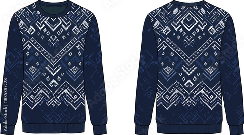 Navy crewneck sweater with distressed geometric pattern, detailed front and back technical flat illustration for modern fashion apparel design