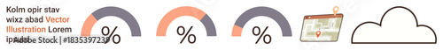 Analytics, data management, technology, user interface, digital communication, storage solutions. Percentage graphs, map with pin cloud symbol. Analytics and data management visual concept