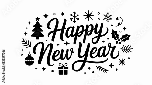 Happy new year festive typographic illustration with holiday elements