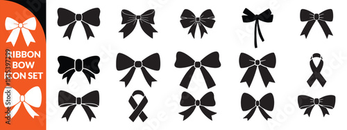 Ribbon bow icon set, vector coquettish cute knot, romantic love doodle vintage accessory collection. Holiday gift decoration silhouette, birthday elegant design element. Feminine Valentine ribbon set 