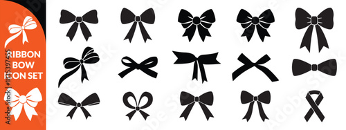 Ribbon bow icon set, vector coquettish cute knot, romantic love doodle vintage accessory collection. Holiday gift decoration silhouette, birthday elegant design element. Feminine Valentine ribbon set 