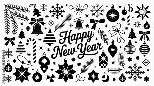 Happy new year festive holiday decorations and ornaments collection