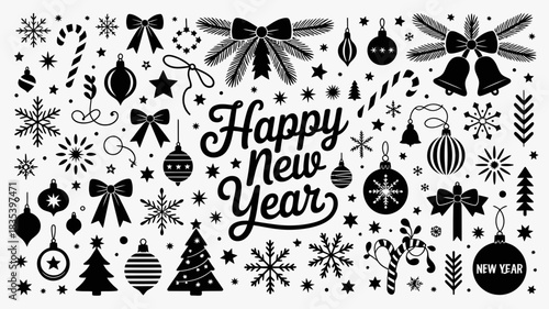 A black and white illustration featuring a variety of festive New Year's Eve and Christmas elements, including ornaments, snowflakes, and bows.