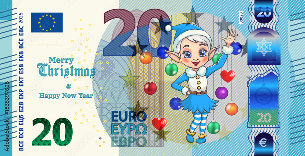Fototapeta premium Vector holiday banknote of European Union. Note of 20 euros, cartoon pretty cheerful lady elf. Money of Europe. Merry Christmas Happy new year. Denomination of twenty. Obverse of bill