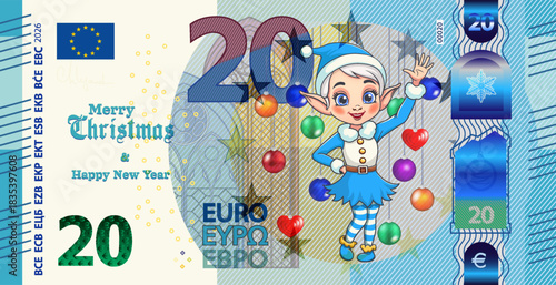 Vector holiday banknote of European Union. Note of 20 euros, cartoon pretty cheerful lady elf. Money of Europe. Merry Christmas Happy new year. Denomination of twenty. Obverse of bill