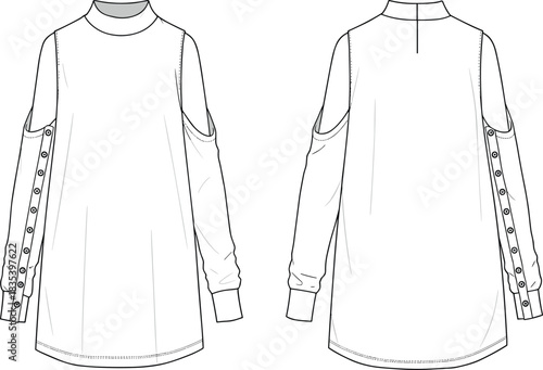 Women’s long sleeve mock neck tunic with shoulder cutouts, snap button sleeve detail, fashion technical flat illustration