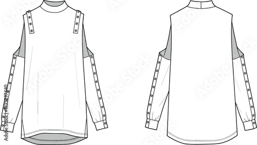Women’s long-sleeve top with shoulder cutouts, snap-button sleeve details, mock neck, front and back technical flat illustration