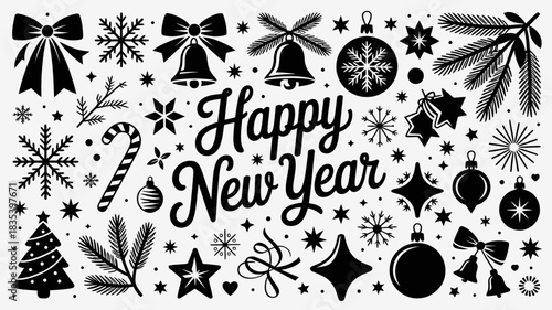 A collection of hand-drawn festive elements including snowflakes, bells, bows, ornaments, and fir branches celebrating the New Year.