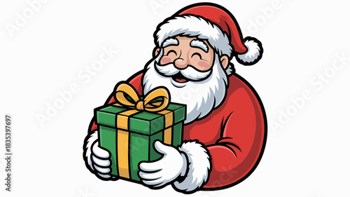A cheerful cartoon illustration of Santa Claus with a white beard and red suit, holding a green gift box with a gold ribbon.