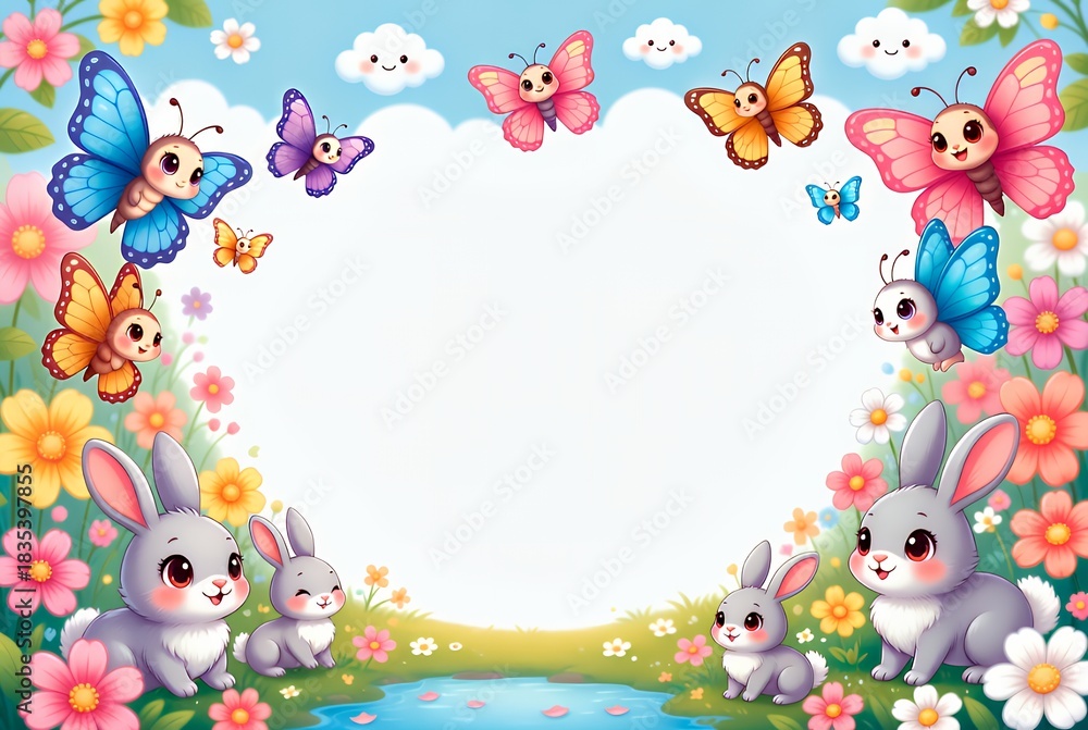Naklejka premium Sunny Meadow Friends: Cute Butterflies, Bunnies, and Flowers Art