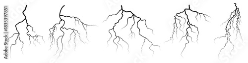Set of vector silhouettes of thunderstorm lightning