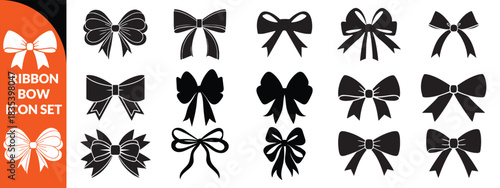 Ribbon bow icon set, vector coquettish cute knot, romantic love doodle vintage accessory collection. Holiday gift decoration silhouette, birthday elegant design element. Feminine Valentine ribbon set 