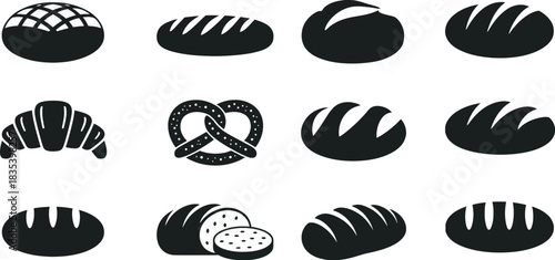 Minimalist black silhouette icons of various bread and baked goods