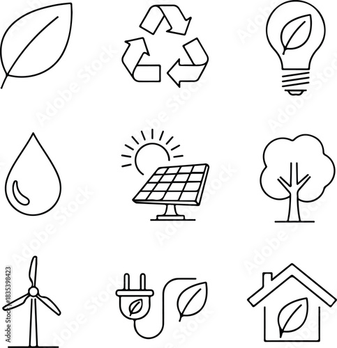 Set of sustainable living line icons, encompassing eco-friendly themes such as renewable energy, nature conservation, and recycling for environmental awareness designs