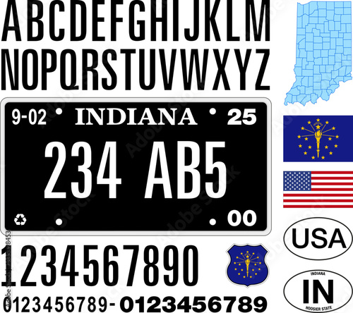 Indiana new car license plate blackout pattern style, letters, numbers and symbols, vector illustration, USA, United States