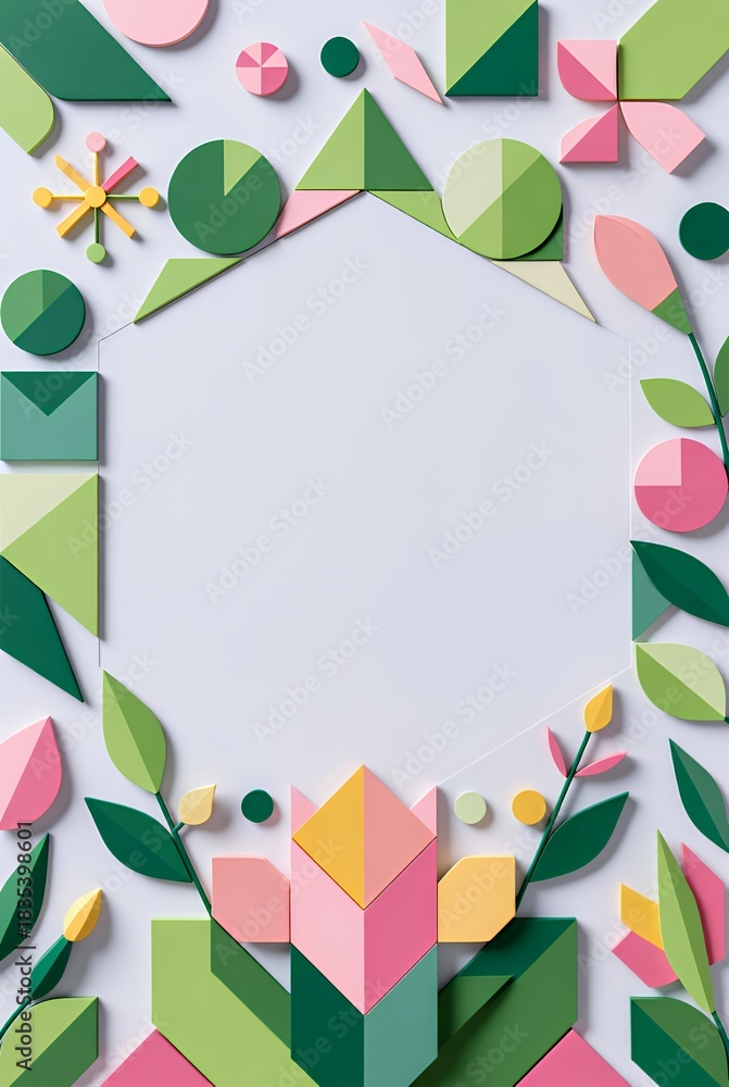 Fototapeta premium Geometric Floral Wreath: Colorful Paper Art with 3D Shapes and Botanical Accents
