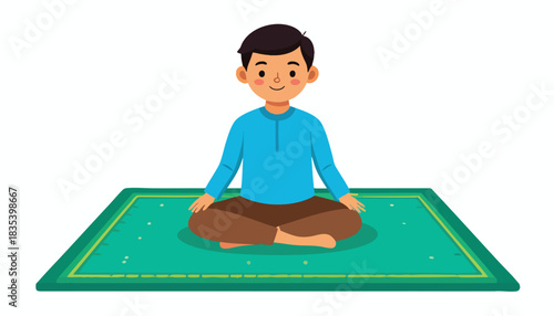 A young boy sits cross-legged on a prayer rug, meditating peacefully.