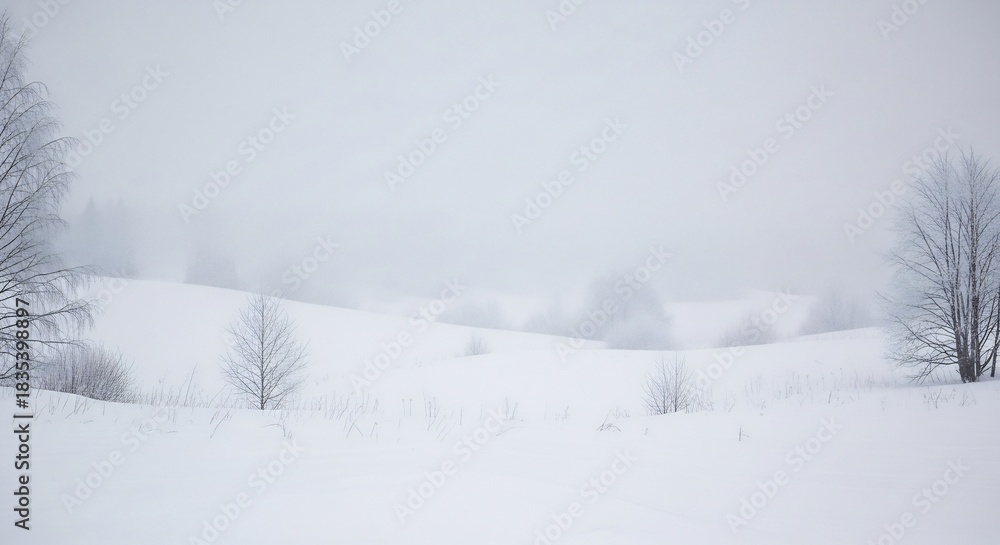 Fototapeta premium Snowy landscape with bare trees and gentle hills under a cloudy overcast sky