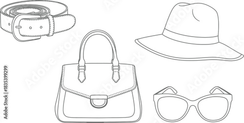 Fashion accessories belt handbag hat sunglasses style clothing outline line