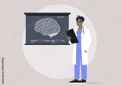 In a modern classroom, a doctors with a clipboard participates in a lecture, discussing neurological health while referencing visuals and engaging in thoughtful dialogue about patient care methods