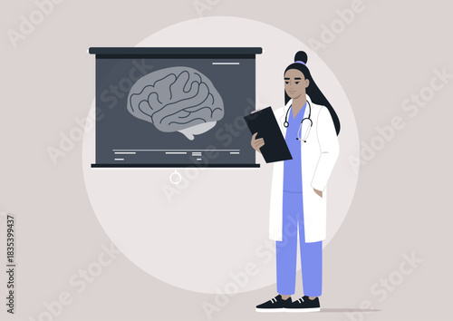 In a modern classroom, a doctors with a clipboard participates in a lecture, discussing neurological health while referencing visuals and engaging in thoughtful dialogue about patient care methods