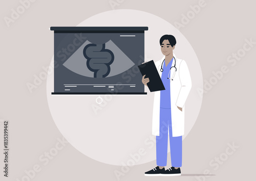 In a modern classroom, a doctors with a clipboard participates in a lecture, discussing gastrointestinal health while referencing visuals and engaging in thoughtful dialogue about patient care methods