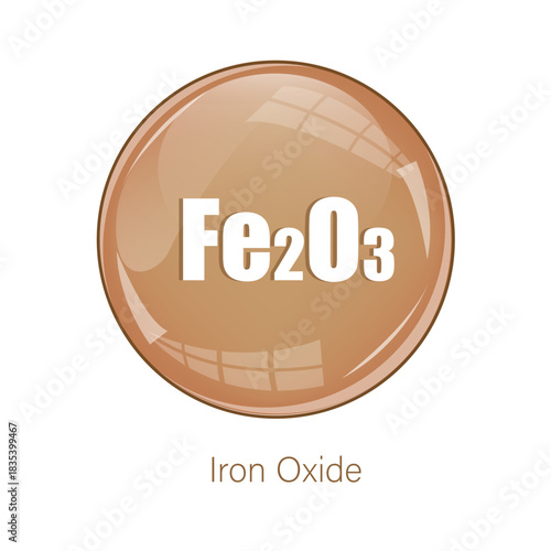 Iron Oxide icon. Fe2O3 formula text. Brown sphere Vector. Round glossy button.